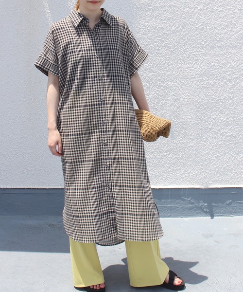 INCEDE（インシード）の「[洗える][リネン混] ストライプ/チェック柄 シアーシャツワンピース【大きいサイズ対応】（シャツワンピース・レディース・ベージュ/ネイビー・LL/3L/4L/M/L）」の10枚目の写真