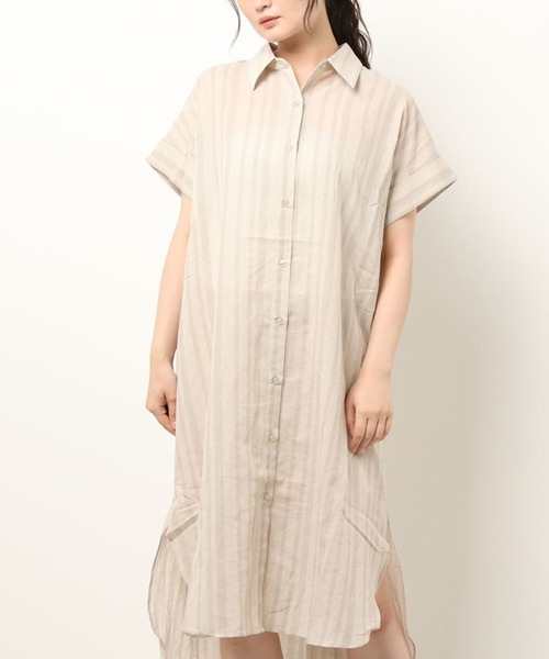 INCEDE（インシード）の「[洗える][リネン混] ストライプ/チェック柄 シアーシャツワンピース【大きいサイズ対応】（シャツワンピース・レディース・ベージュ/ネイビー・LL/3L/4L/M/L）」の19枚目の写真