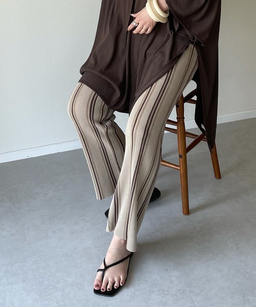 y/m by misato（イムバイミサト）の「リネンタッチストライプストレートパンツ（その他パンツ・レディース・ベージュ/オレンジ・FREE）」の8枚目の写真