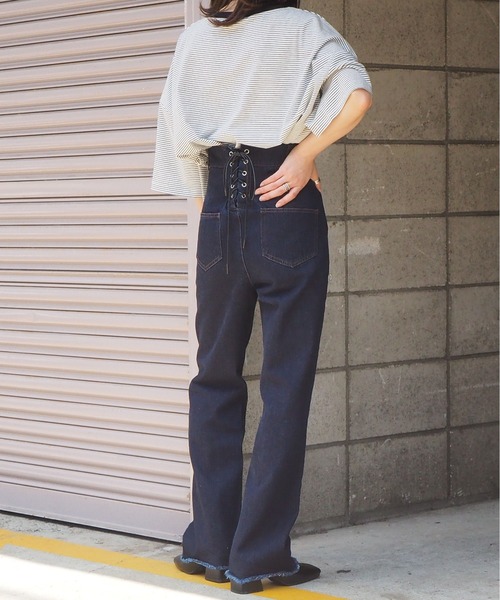バックレースアップデニムジャンパー♡新品タグ付き バックレースアップハイウエストデニムパンツ[品番：MKSW0031991