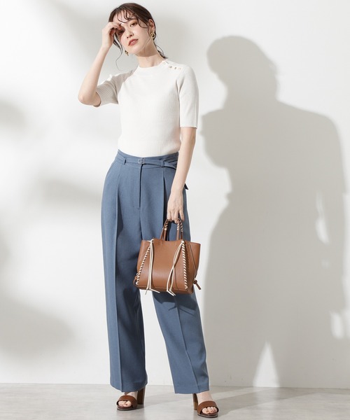 N.（N. Natural Beauty Basic）（エヌエヌナチュラルビューティーベーシック）の「【追加生産】◆ショルダーボタンリブニット（ニット/セーター・レディース・オフホワイト/ライトグリーン/ネイビー・MEDIUM）」の4枚目の写真