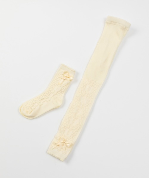 KP DECO（ケーピーデコ）の「リボン付きフロート編みタイツスパッツとソックスのセット(105-135cm)（レギンス/スパッツ・キッズ・ブラック/オフホワイト/パープル・135/120cm/105cm）」の2枚目の写真