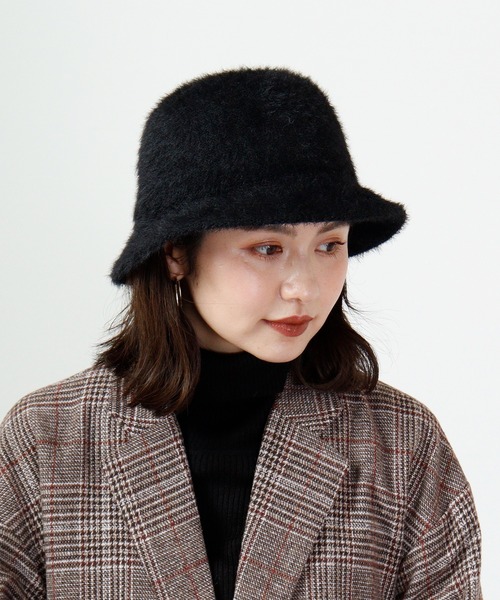IZZAT BABA フード配色ケープパディング FAKE ANGORA BK HAT フェイクアンゴラバケットハット（ハット