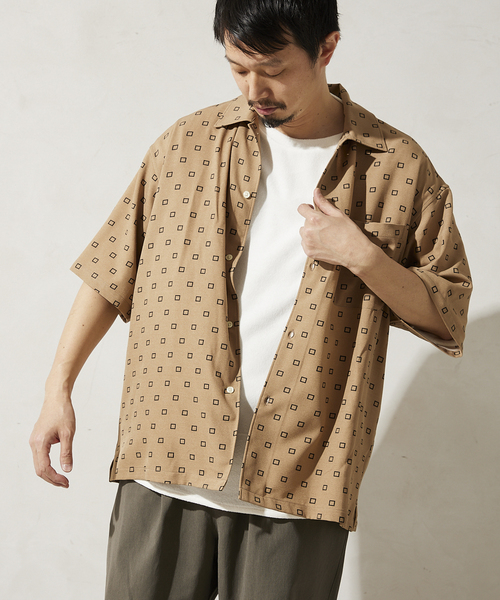 JOURNAL STANDARD 半袖シャツ 開襟 総柄 メンズ L 紺 茶 半袖シャツ 半袖柄シャツ 開襟シャツ オープンカラー メンズ
