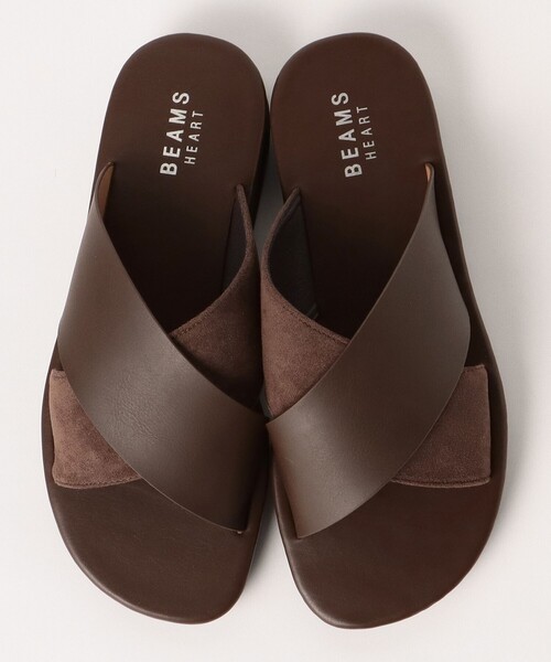 ブラウンレザー クロスストラップサンダル BEAMS HEART サンダル / クロスストラップ フェイクレザー メンズ