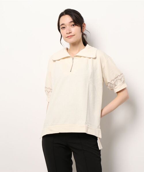 axes femme(アクシーズファム)の「袖レースハーフジップパーカー(Tシャツ/カットソー・レディース・ピンク/モカ/キナリ・FREE)」の1枚目の写真