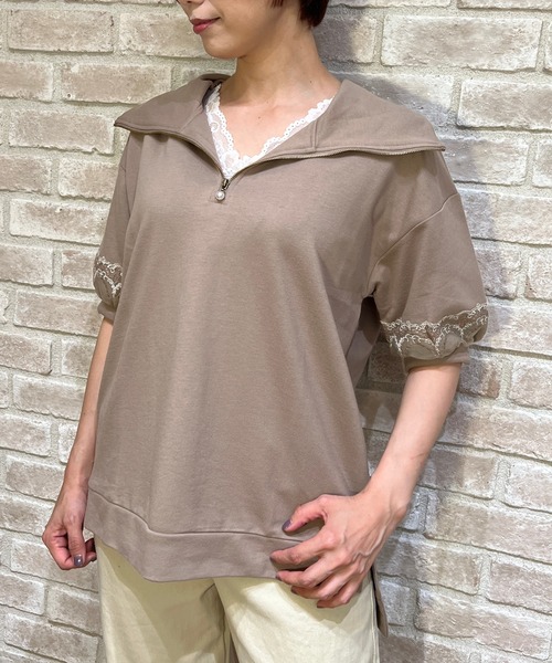 axes femme(アクシーズファム)の「袖レースハーフジップパーカー(Tシャツ/カットソー・レディース・ピンク/モカ/キナリ・FREE)」の2枚目の写真