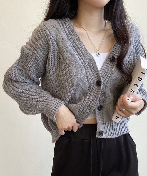 Chaco closet（チャコ クローゼット）の「ケーブルニットボリュームカーディガン（カーディガン/ボレロ・レディース・グレー/ホワイト/ピンク・FREE）」の2枚目の写真