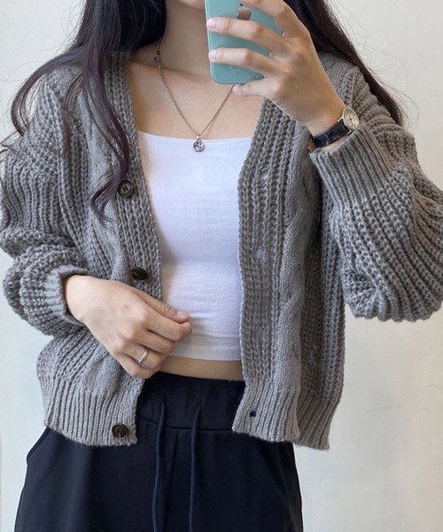 Chaco closet（チャコ クローゼット）の「ケーブルニットボリュームカーディガン（カーディガン/ボレロ・レディース・グレー/ホワイト/ピンク・FREE）」の8枚目の写真