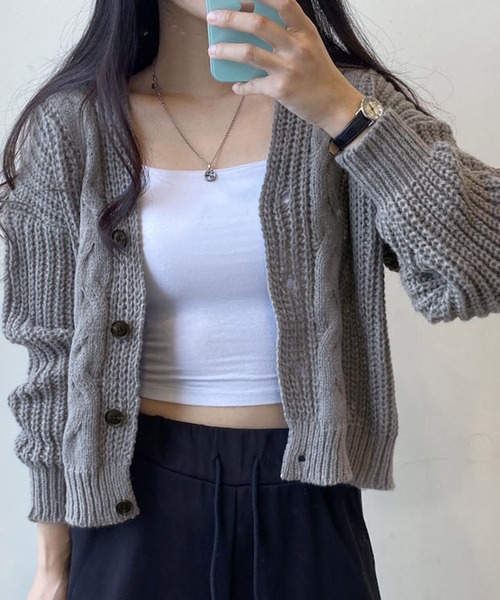 Chaco closet（チャコ クローゼット）の「ケーブルニットボリュームカーディガン（カーディガン/ボレロ・レディース・グレー/ホワイト/ピンク・FREE）」の7枚目の写真