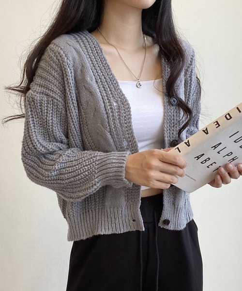 Chaco closet（チャコ クローゼット）の「ケーブルニットボリュームカーディガン（カーディガン/ボレロ・レディース・グレー/ホワイト/ピンク・FREE）」の12枚目の写真