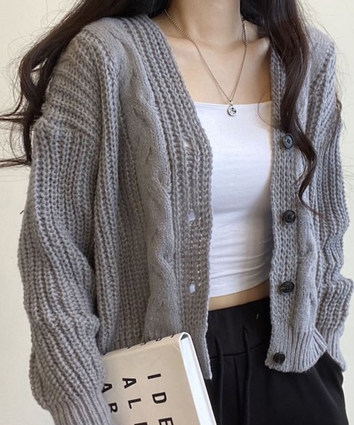 Chaco closet（チャコ クローゼット）の「ケーブルニットボリュームカーディガン（カーディガン/ボレロ・レディース・グレー/ホワイト/ピンク・FREE）」の10枚目の写真