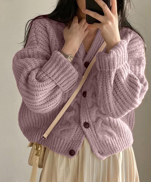 Chaco closet（チャコ クローゼット）の「ケーブルニットボリュームカーディガン（カーディガン/ボレロ・レディース・グレー/ホワイト/ピンク・FREE）」の18枚目の写真