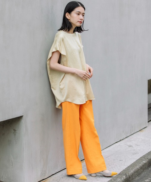 Munich（ミューニック）の「アンティークサテンフレンチスリーブトップス（シャツ/ブラウス・レディース・イエロー/ブラック/グレイッシュブルー・FREE）」の5枚目の写真