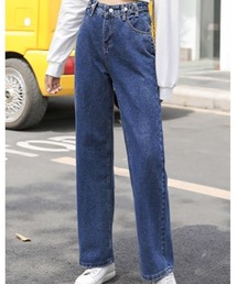 ゆったりハイウエストデニムストレートパンツ