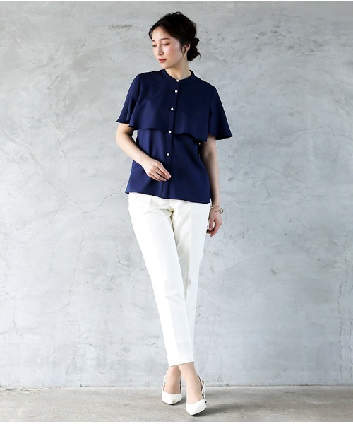 WHITE JOOLA（ホワイトジョーラ）の「【手洗いできる♪】ケープ風デザイン・半袖フレアースリーブ・ジョーゼットブラウス（シャツ/ブラウス・レディース・ネイビー/オフホワイト/サックスブルー・S/M/L）」の15枚目の写真