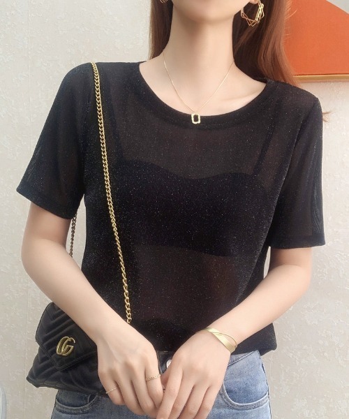 Ada.(エイダ)の「夏の抜け感アイテム シアーラメ Tシャツ(Tシャツ/カットソー・レディース・ホワイト/ブラック/ピンク・M/L)」の1枚目の写真