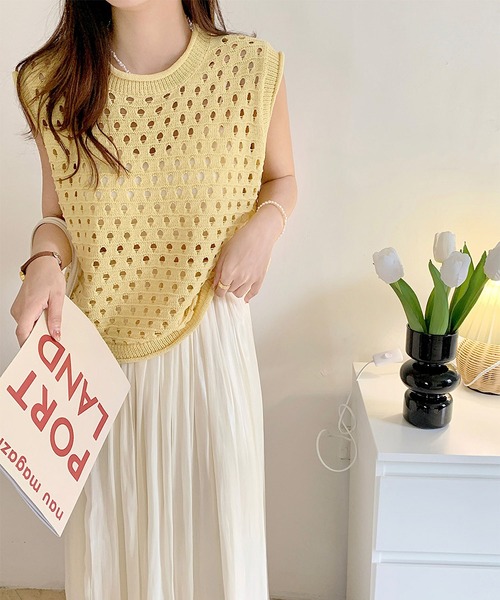 セール】ノースリーブ透け感ニットトップス（ニット/セーター