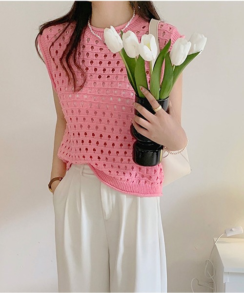 me バーガンディ ノースリーブ トップス セール】ノースリーブ透け感ニットトップス（ニット/セーター