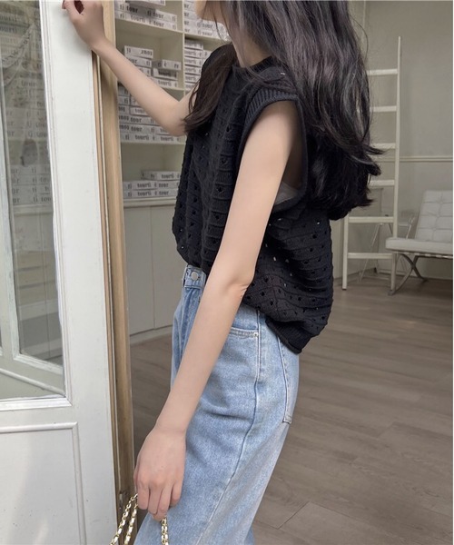 MAISON DE THERESE（メゾン ド テレーズ）の「ノースリーブ透け感ニットトップス（ニット/セーター・レディース・ブラック/イエロー/ダークグリーン/ブラウン/ピンク/ホワイト/グリーン/パープル・FREE）」の18枚目の写真