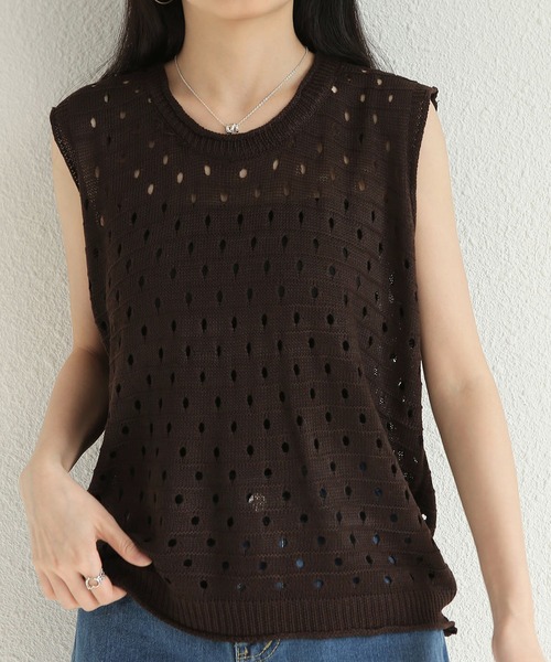 me バーガンディ ノースリーブ トップス セール】ノースリーブ透け感ニットトップス（ニット/セーター