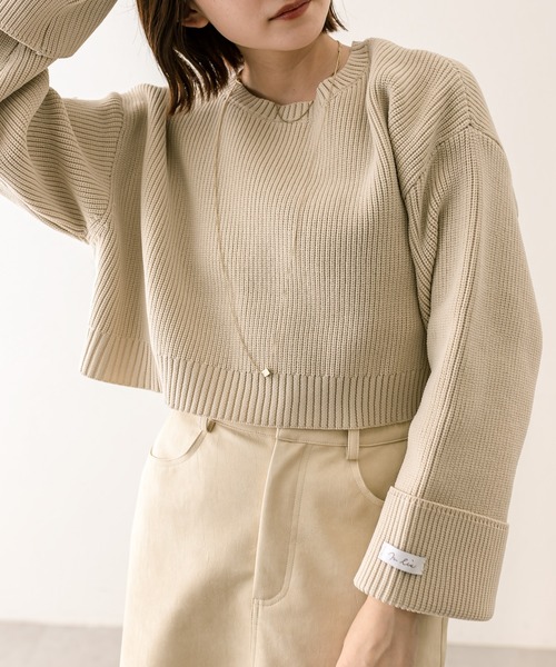 mline（エムライン）の「[mline]袖ロゴニット（ニット/セーター・レディース・ブルー/チャコールグレー/ベージュ/レッド・FREE）」の5枚目の写真