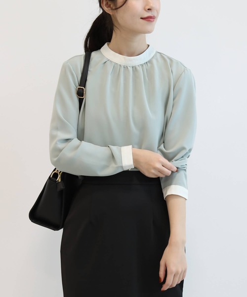 aquagarage（アクアガレージ）の「バイカラーギャザーブラウス（シャツ/ブラウス・レディース・アイボリー/ブラック/ライトグリーン/ベージュ・M/L）」の9枚目の写真