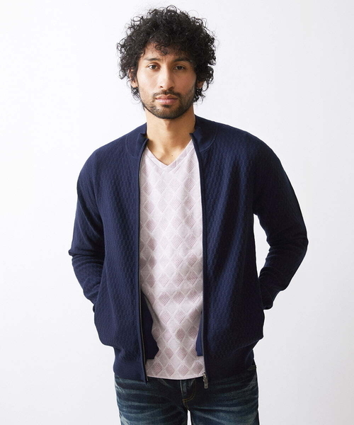 MICHEL KLEIN HOMME   （ミッシェルクランオム）の「矢羽ニットZIPアップカーディガン（カーディガン/ボレロ・メンズ・ネイビー/オフホワイト・MEDIUM/LARGE/X-LARGE）」の3枚目の写真
