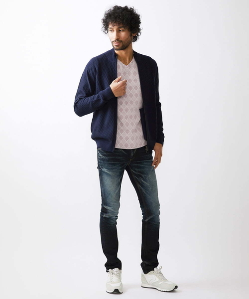 MICHEL KLEIN HOMME   （ミッシェルクランオム）の「矢羽ニットZIPアップカーディガン（カーディガン/ボレロ・メンズ・ネイビー/オフホワイト・MEDIUM/LARGE/X-LARGE）」の4枚目の写真