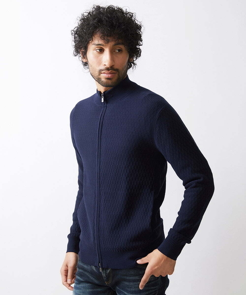 MICHEL KLEIN HOMME   （ミッシェルクランオム）の「矢羽ニットZIPアップカーディガン（カーディガン/ボレロ・メンズ・ネイビー/オフホワイト・MEDIUM/LARGE/X-LARGE）」の5枚目の写真