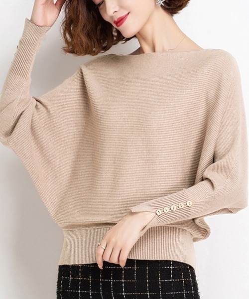 Miniministore(ミニミニストア)の「ボートネックドルマンニットトップス 上品(ニット/セーター・レディース・ブラック/ネイビー/ベージュ/オレンジ/ピンク/レッド/フューシャピンク・FREE)」の1枚目の写真