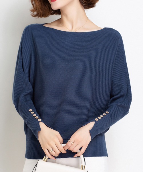 Miniministore(ミニミニストア)の「ボートネックドルマンニットトップス 上品(ニット/セーター・レディース・ブラック/ネイビー/ベージュ/オレンジ/ピンク/レッド/フューシャピンク・FREE)」の3枚目の写真