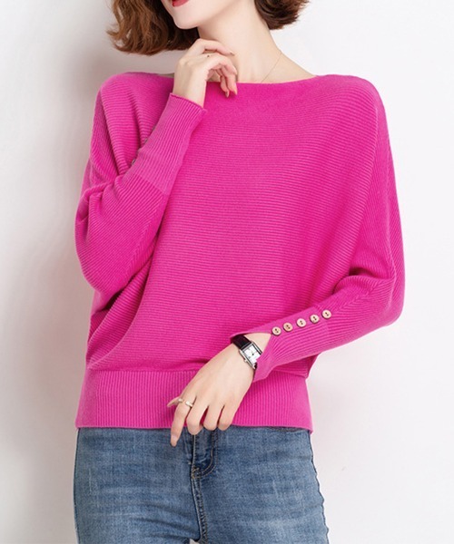 Miniministore(ミニミニストア)の「ボートネックドルマンニットトップス 上品(ニット/セーター・レディース・ブラック/ネイビー/ベージュ/オレンジ/ピンク/レッド/フューシャピンク・FREE)」の5枚目の写真