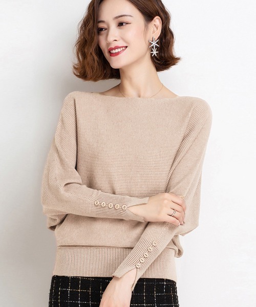 Miniministore(ミニミニストア)の「ボートネックドルマンニットトップス 上品(ニット/セーター・レディース・ブラック/ネイビー/ベージュ/オレンジ/ピンク/レッド/フューシャピンク・FREE)」の22枚目の写真