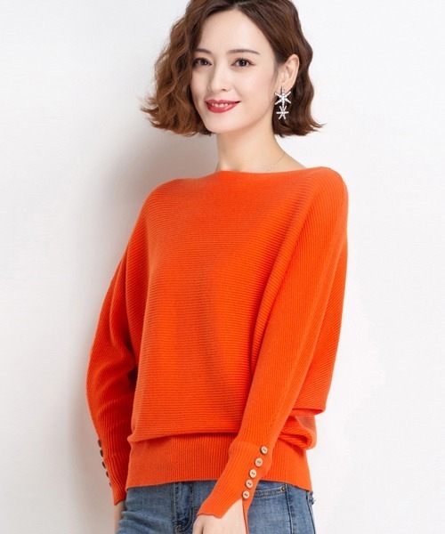 Miniministore(ミニミニストア)の「ボートネックドルマンニットトップス 上品(ニット/セーター・レディース・ブラック/ネイビー/ベージュ/オレンジ/ピンク/レッド/フューシャピンク・FREE)」の9枚目の写真