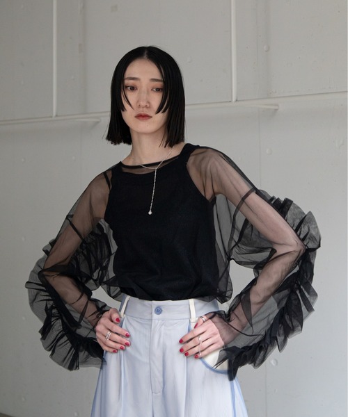 VACANCY(ヴァカンシー)の「袖フリルチュールシアートップス(Tシャツ/カットソー・レディース・ブルー/アイボリー/ブラック・FREE)」の13枚目の写真