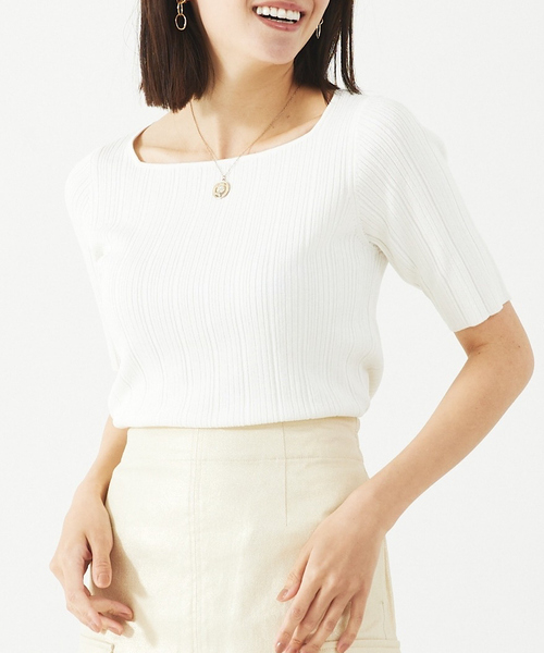 abahouse mavie（アバハウスマヴィ）の「麻タッチリブスクエアネックプルオーバー（ニット/セーター・レディース・チャコールグレー/イエロー/ホワイト・フリー）」の2枚目の写真