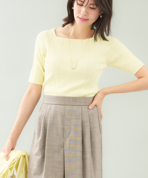 abahouse mavie（アバハウスマヴィ）の「麻タッチリブスクエアネックプルオーバー（ニット/セーター・レディース・チャコールグレー/イエロー/ホワイト・フリー）」の3枚目の写真