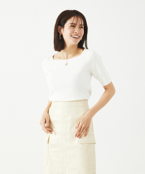 abahouse mavie（アバハウスマヴィ）の「麻タッチリブスクエアネックプルオーバー（ニット/セーター・レディース・チャコールグレー/イエロー/ホワイト・フリー）」の7枚目の写真