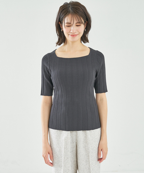 abahouse mavie（アバハウスマヴィ）の「麻タッチリブスクエアネックプルオーバー（ニット/セーター・レディース・チャコールグレー/イエロー/ホワイト・フリー）」の14枚目の写真