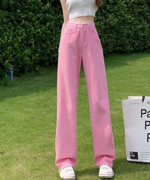 Ritzy(リッツィー)の「5色展開 ワイドストレート デニムパンツ(デニムパンツ・レディース・ブラック/ベージュ/ピンク/イエロー/グリーン・S/M/L)」の5枚目の写真