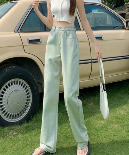 Ritzy(リッツィー)の「5色展開 ワイドストレート デニムパンツ(デニムパンツ・レディース・ブラック/ベージュ/ピンク/イエロー/グリーン・S/M/L)」の3枚目の写真