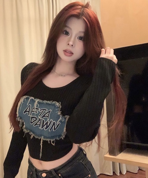 shopnikoniko(ショップニコニコ)の「デニムパッチ ショート丈 リブニットトップス クロップド丈(ニット/セーター・レディース・ホワイト/ホワイト系その他/ブラック系その他/ブラック・フリー)」の19枚目の写真