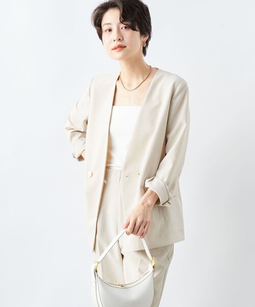 NOLLEY’S（ノーリーズ）の「《セットアップ対応》ウォッシャブルドライトロピカルVネックダブルジャケット（ノーカラージャケット・レディース・ベージュ/ネイビー・38/36）」の14枚目の写真