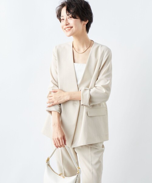 NOLLEY’S（ノーリーズ）の「《セットアップ対応》ウォッシャブルドライトロピカルVネックダブルジャケット（ノーカラージャケット・レディース・ベージュ/ネイビー・38/36）」の18枚目の写真