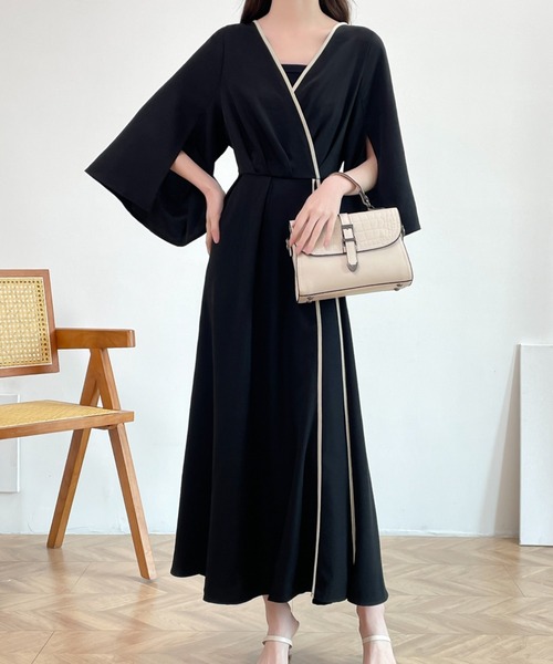ABITOKYO(アビトーキョー)の「スリットスリーブ配色パイピングカシュクールワンピース(ワンピース・レディース・ブラウン/ブラック/グリーン・M/L)」の14枚目の写真
