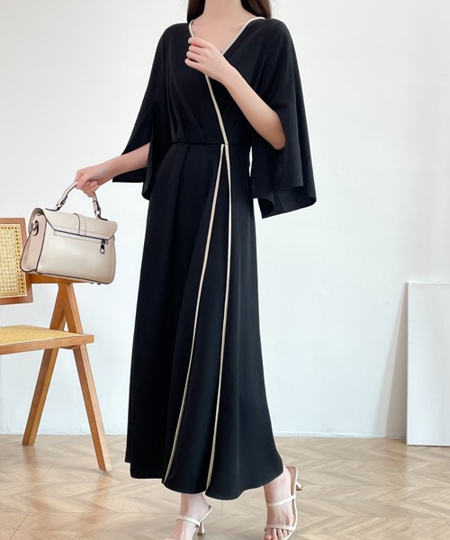 ABITOKYO(アビトーキョー)の「スリットスリーブ配色パイピングカシュクールワンピース(ワンピース・レディース・ブラウン/ブラック/グリーン・M/L)」の16枚目の写真