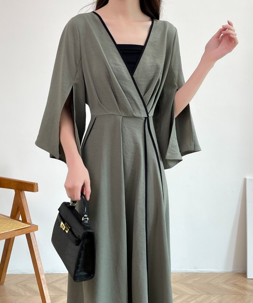 ABITOKYO(アビトーキョー)の「スリットスリーブ配色パイピングカシュクールワンピース(ワンピース・レディース・ブラウン/ブラック/グリーン・M/L)」の5枚目の写真