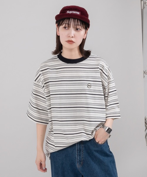 Perushu(ペルーシュ)の「ワンポイント刺繍ボーダーTシャツ(Tシャツ/カットソー・メンズ・イエロー/オレンジ/オフホワイト/チャコールグレー・SMALL/MEDIUM/LARGE)」の21枚目の写真