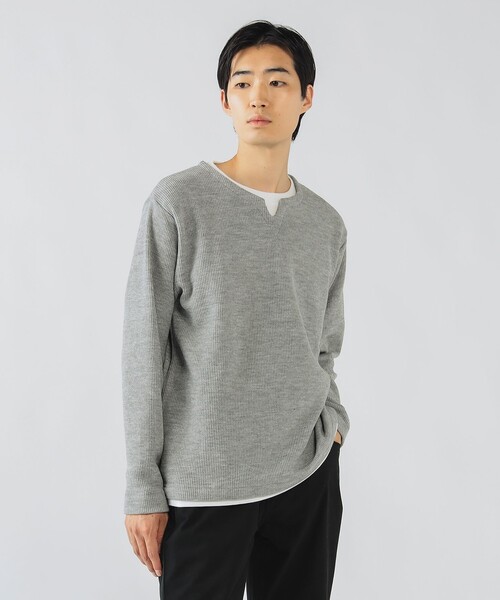 BEAMS HEART(ビームスハート)の「畦編み キーネック フェイクレイヤー カットソー(Tシャツ/カットソー・メンズ・グレー/ネイビー・S/M/L/XL)」の4枚目の写真
